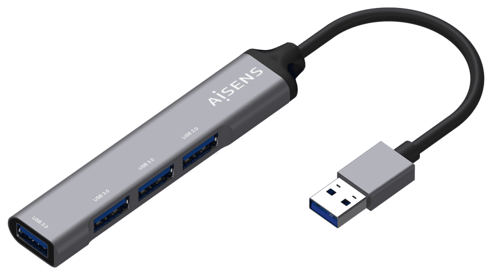 AISENS Hub USB 3.0 Aluminio, Tipo A/M - 4x Tipo A/H, Gris, 10cm