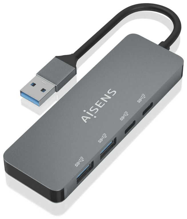 AISENS Hub USB 3.2 Gen2 10G USB-A, USB-A/M-2xUSB-C/H-2xUSB-A/H, Gris, 15cm