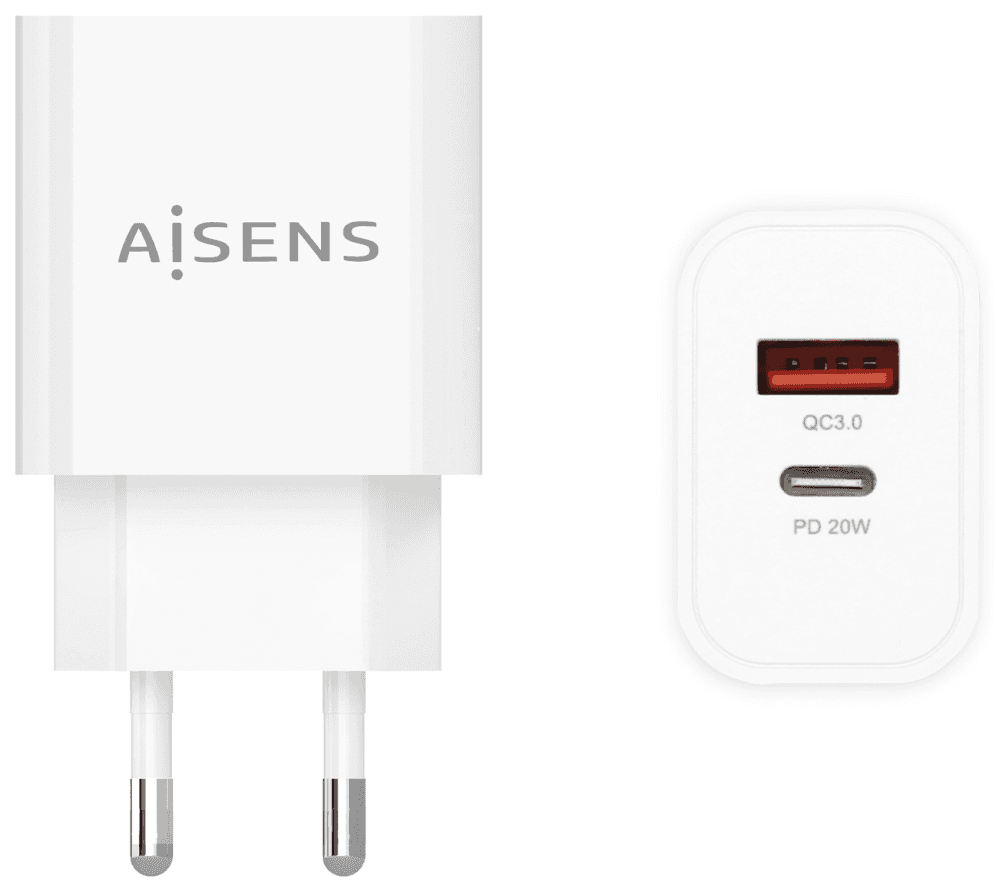 AISENS Cargador 20W, 1xUSB-C PD3.0, 1xUSB-A QC3.0, Blanco