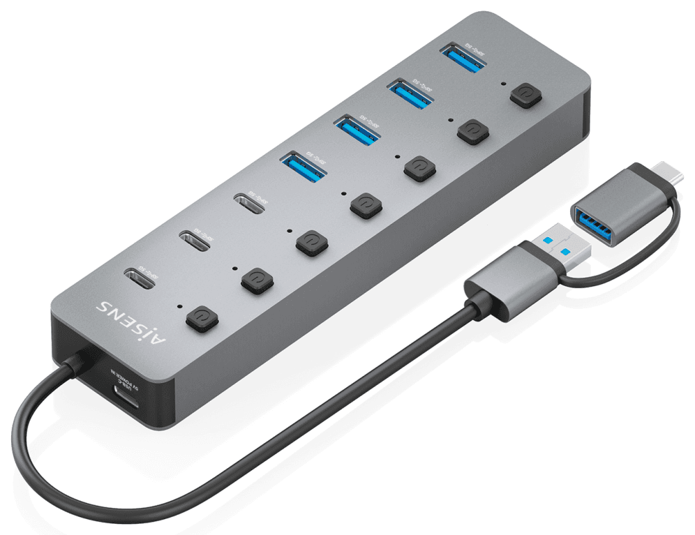 AISENS Hub USB3.1 Gen1 USB-C USB-A, USB-C/M+USB-A/M-4xUSB-A/H+3xUSB-C/H+1xUSB-C/H ALIM., Gris, 30cm