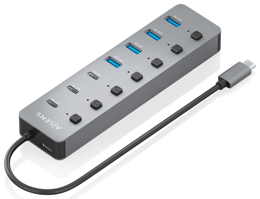 AISENS Hub USB3.2 Gen2 10G USB-C, USB-C/M-4xUSB-A/H+3xUSB-C/H+1xUSB-C/H PD3.0 100W, Gris, 30cm