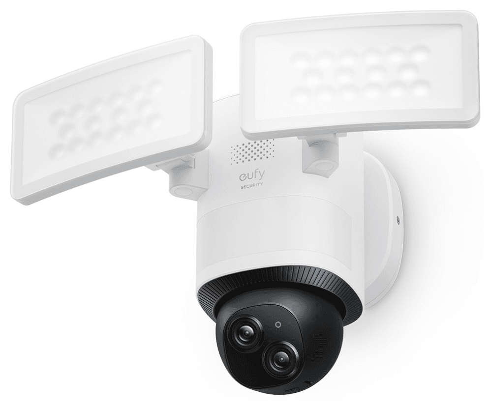 Eufy Security Floodlight Camera E340 con cable, giro de 360° e inclinación, grabación ininterrumpida, Wi-Fi de doble banda, 2000 lúmenes, activada por movimiento, cámara doble, compatible con HomeBase 3, almacenamiento local, sin cuota mensual