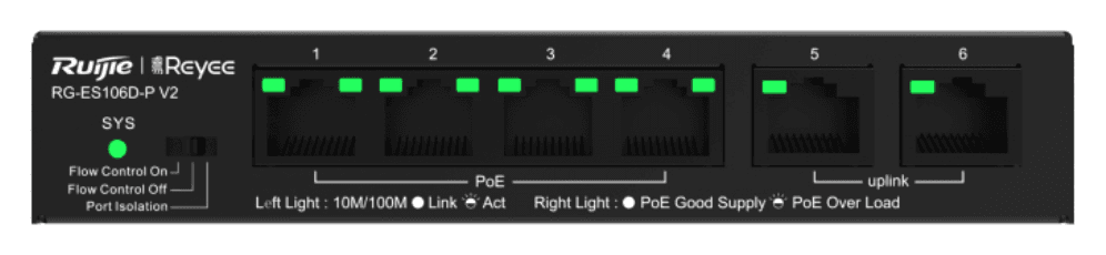 Ruijie Networks RG-ES106D-P V2 switch No administrado Fast Ethernet (10/100) Energía sobre Ethernet (PoE) Negro