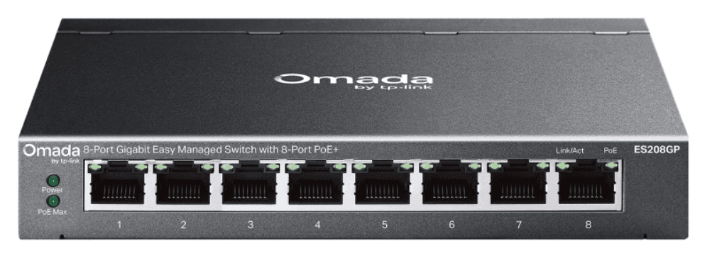 TP-Link Omada ES208GP switch Gestionado L2 Gigabit Ethernet (10/100/1000) Energía sobre Ethernet (PoE) DIN rail Negro