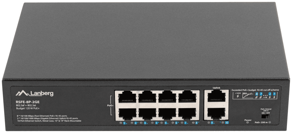 Lanberg RSFE-8P-2GE-120 switch No administrado Gigabit Ethernet (10/100/1000) Energía sobre Ethernet (PoE) 1U Negro