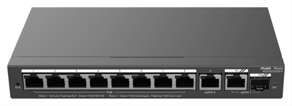 Ruijie Networks RG-ES210GS-P switch Gestionado L2 Gigabit Ethernet (10/100/1000) Energía sobre Ethernet (PoE) Negro
