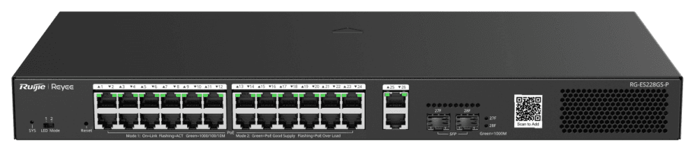 Ruijie Networks RG-ES228GS-P switch Gestionado Gigabit Ethernet (10/100/1000) Energía sobre Ethernet (PoE) Negro