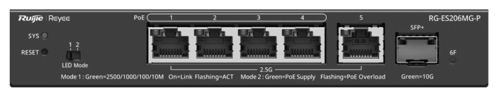 Ruijie Networks RG-ES206MG-P switch Gestionado L2 2.5G Ethernet (100/1000/2500) Energía sobre Ethernet (PoE) Montaje en pared/escritorio Negro