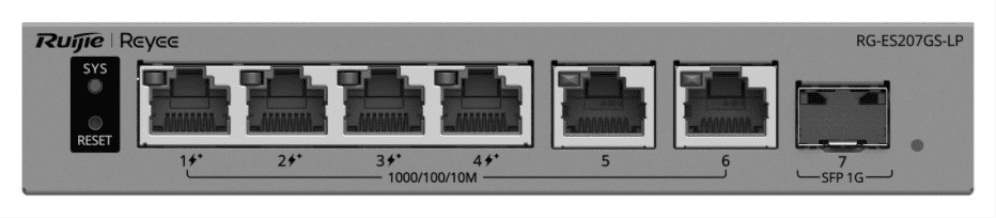 Ruijie Networks RG-ES207GS-LP switch Gestionado L2 Gigabit Ethernet (10/100/1000) Energía sobre Ethernet (PoE) Gris