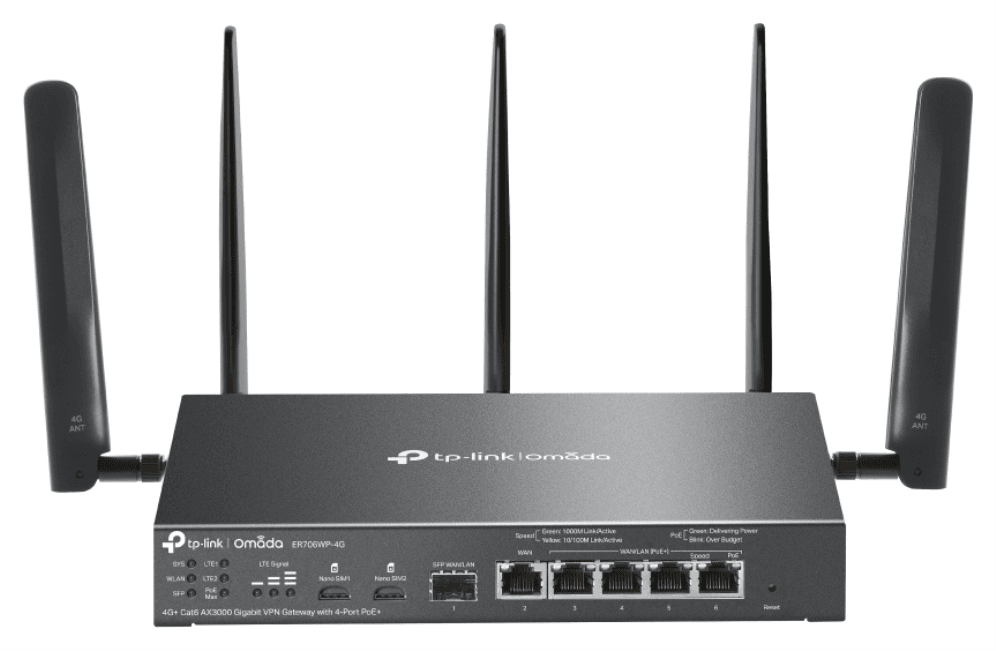 TP-Link Omada ER706WP-4G router inalámbrico Gigabit Ethernet Doble banda (2,4 GHz / 5 GHz) Negro