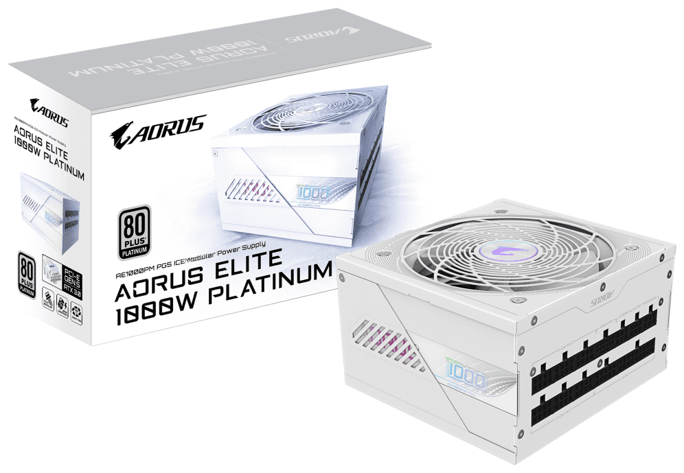 GIGABYTE AORUS ELITE P1000W ICE Fuente de Alimentación - PCIe 5.0, 80 PLUS Platinum, Diseño completamente modular, Ventilador de 120 mm, Compatible con ATX 3.0, Enchufe UE