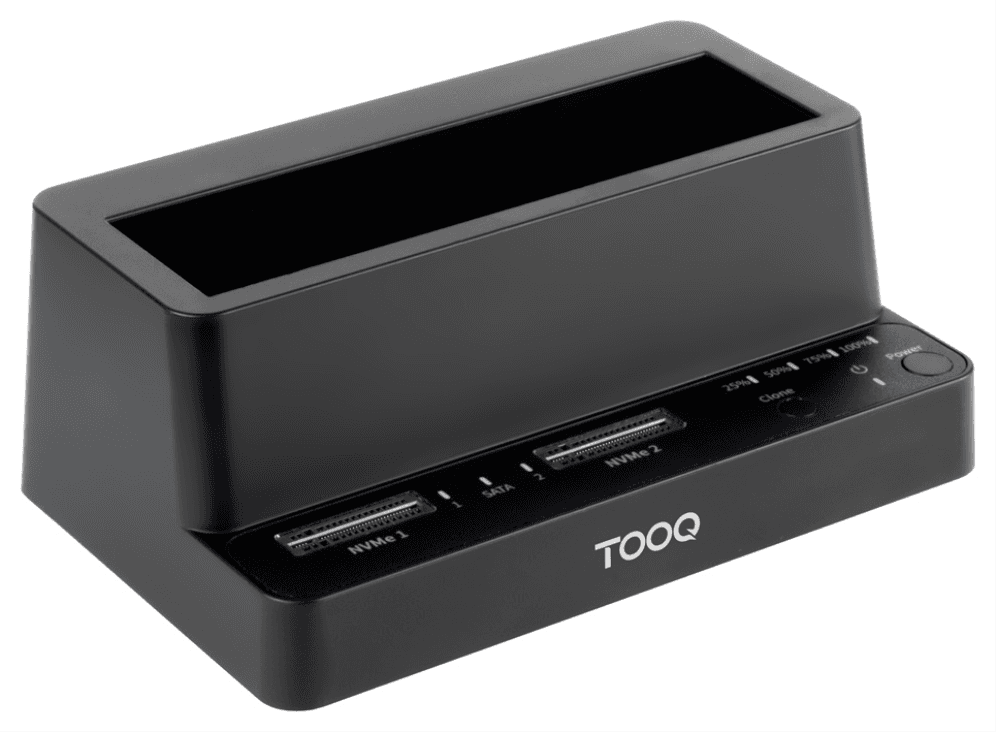 TooQ Docking Station USB-C 3.2 Gen 2 Dos Bahías para SSD M.2 NVMe + Bahía para 2,5"- 3,5" para HDD + Clonador, Negro