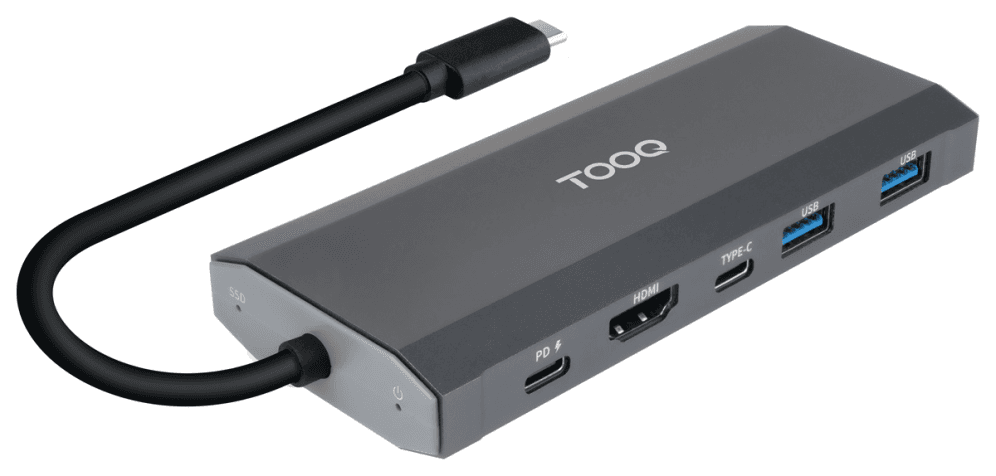 TooQ Caja externa para SSD M.2 NGFF/NVMe + HUB USB 3.2 Gen2 con 1xUSB-C/PD + 2xUSB-A + USB-C + HDMI, Gris
