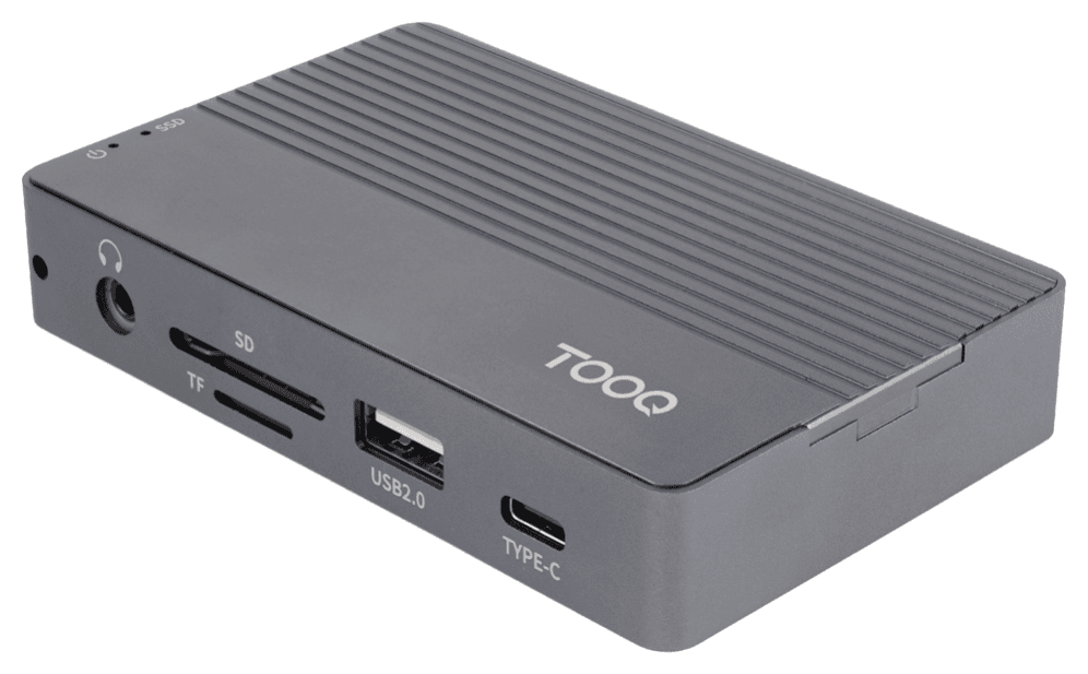 TooQ Caja externa para SSD M.2 NVMe/SATA + HUB USB-C 3.2 Gen2 con 2x USB-A 3.1 + 1x USB-A 2.0 + USB-C 3.2 Gen2 + HDMI 2.0 + RJ45 + SD/TF + AUDIO + USB-C PD 100W, Gris