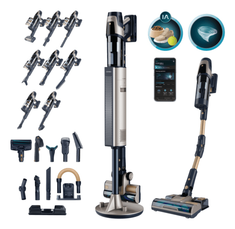 Cecotec Conga Rockstar 11500 Odyssey Station Connected IA Aspiradora escoba 2 en 1 Batería Secar HEPA Sin bolsa 1,7 L 850 W Negro 5000 Ah