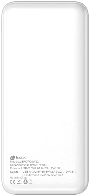 Leotec LEPOW20W22W batería externa Polímero de litio 20000 mAh Blanco
