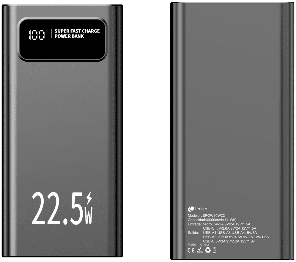 Leotec LEPOW30W22K batería externa Polímero de litio 30000 mAh Negro