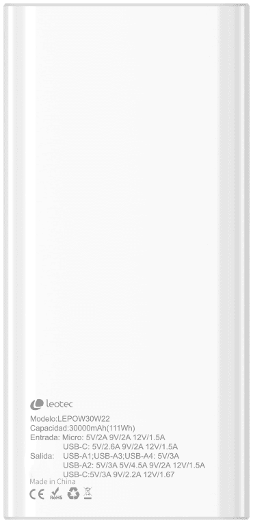 Leotec LEPOW30W22W batería externa Polímero de litio 30000 mAh Blanco