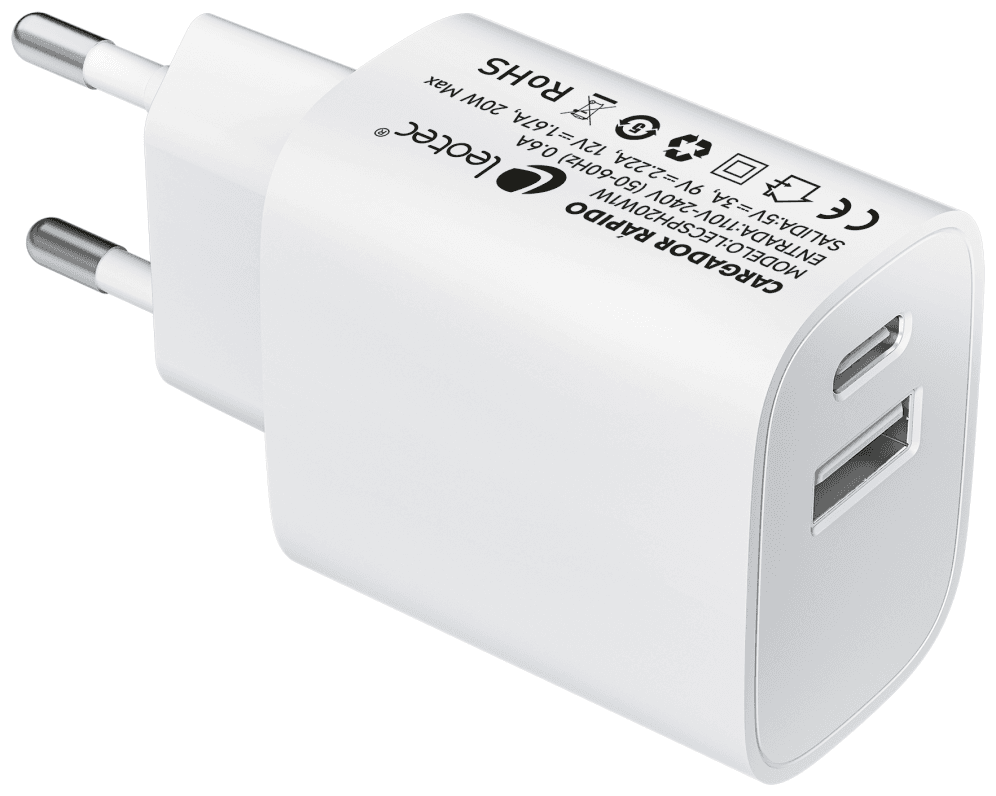 Leotec Cargador 20W 1xUSB-C PD + 1x USB-A Blanco