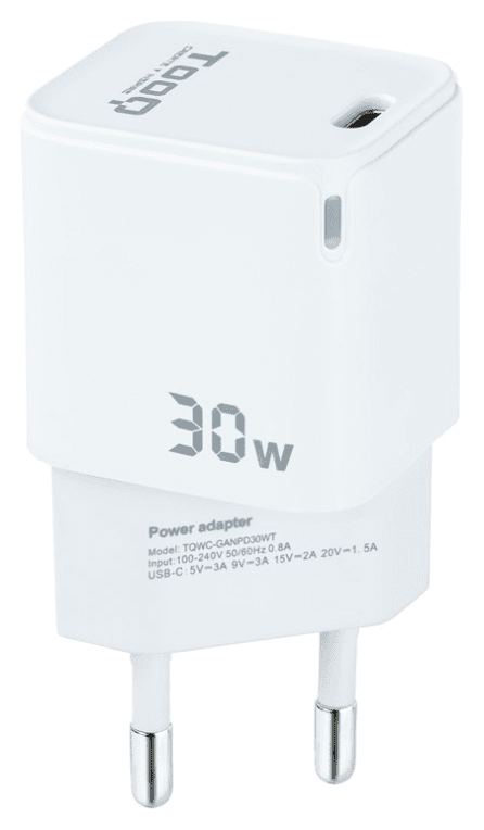 TooQ Cargador de Pared GAN USB-C/PD 30W, Blanco