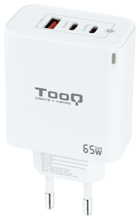 TooQ Cargador de Pared GaN 2USB-C/PD + USB-A/QC 65W, Blanco