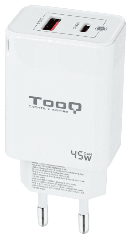 TooQ Cargador de Pared GaN USB-C/PD + USB-A/QC 45W, Blanco