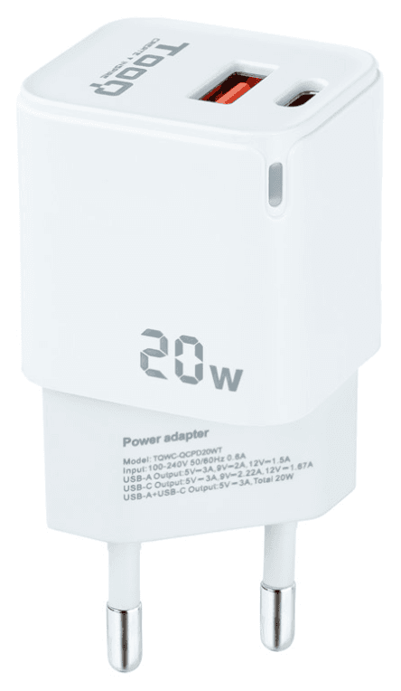 TooQ Cargador de Pared USB-C/PD + USB-A/QC 20W, Blanco