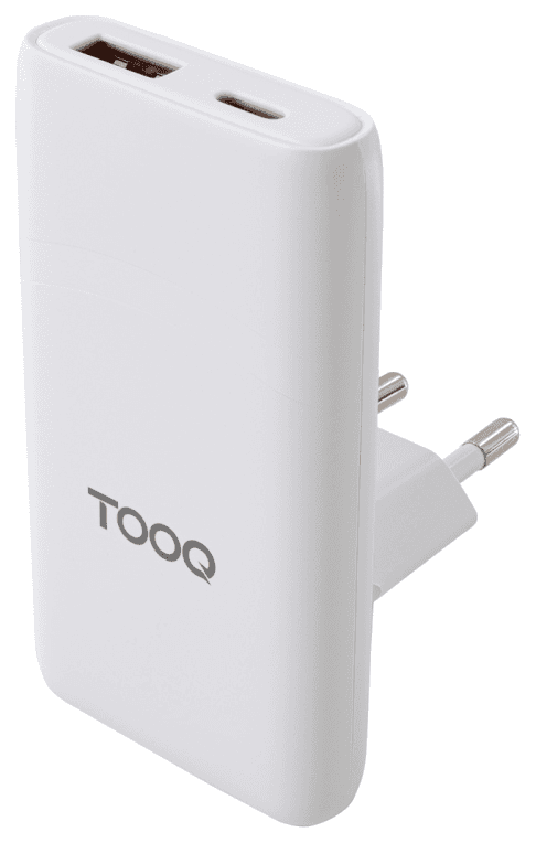 TooQ Cargador de viaje Tipo C y Tipo A, GaN 65W, USB-C/PD + USB-A/QC, Blanco