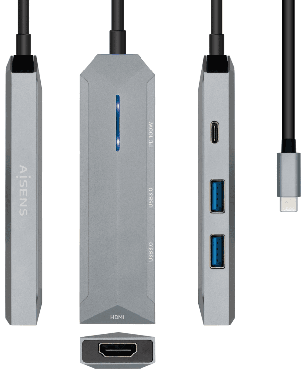 AISENS USB-C dock 4 en 1, USB-C a 1xHDMI, 2xUSB, 1xPD, Gris, 15 cm