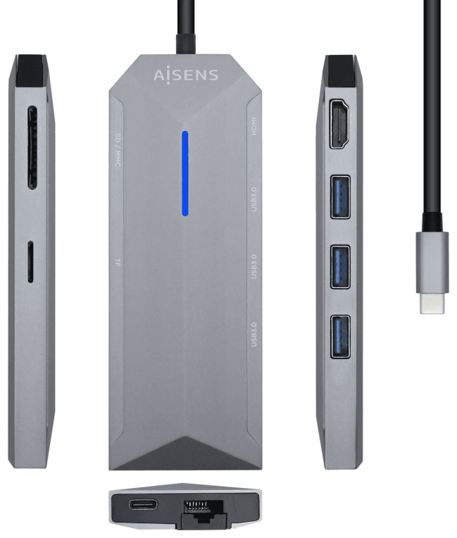 AISENS USB-C dock 8 en 1, USB-C a 1xHDMI, 1xRJ45, 3xUSB, 1xPD, 1xSD, 1xMicroSD, Gris, 15 cm