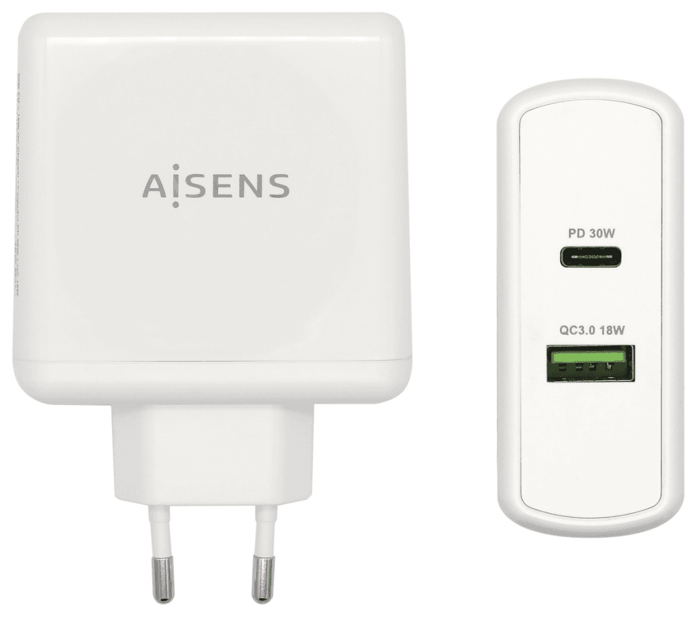 AISENS Cargador 48 W, 1x USB-C PD3.0 30 W, 1x USB-A QC3.0 18 W, Blanco