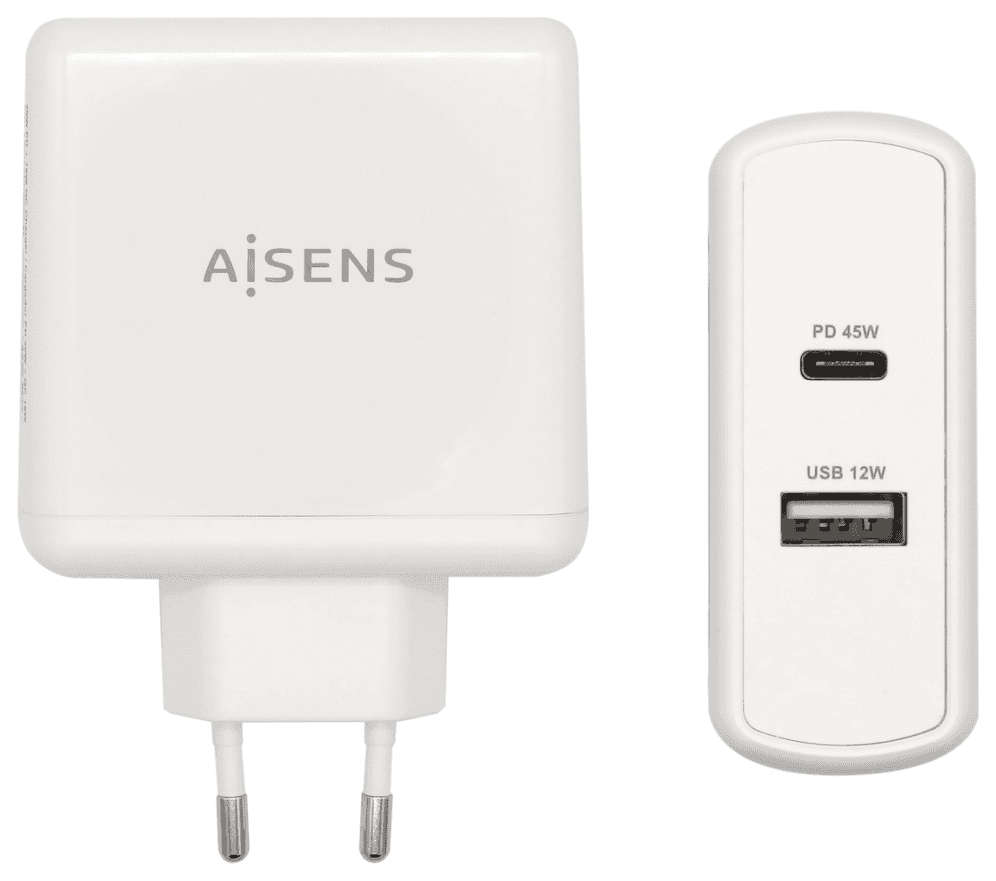 AISENS Cargador 57 W, 1x USB-C PD3.0 45 W, 1x USB-A 5 V / 2.4 A 12 W, Blanco