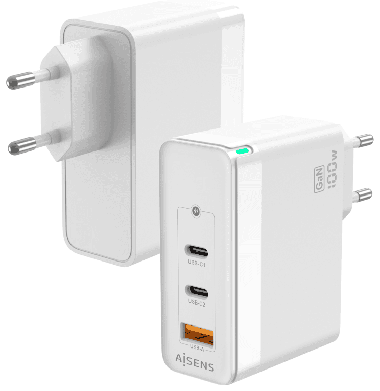 AISENS Cargador Gan 100W, 2xUSB-C PD3.0 QC4.0 QC5.0, 1xUSB-A QC3.0, Blanco