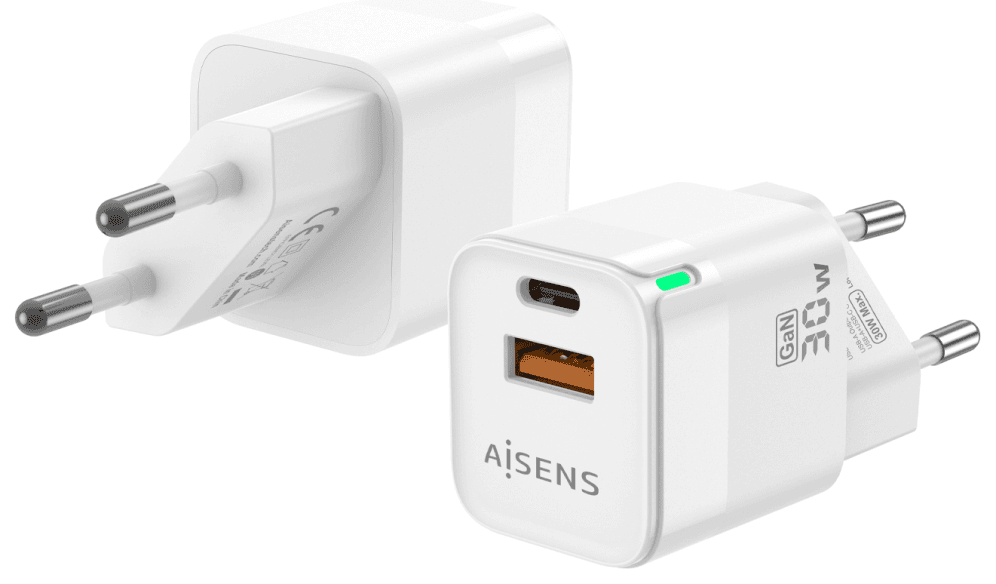 AISENS Cargador Gan 30W, 1xUSB-C PD3.0 QC4.0, 1xUSB-A QC3.0, Blanco