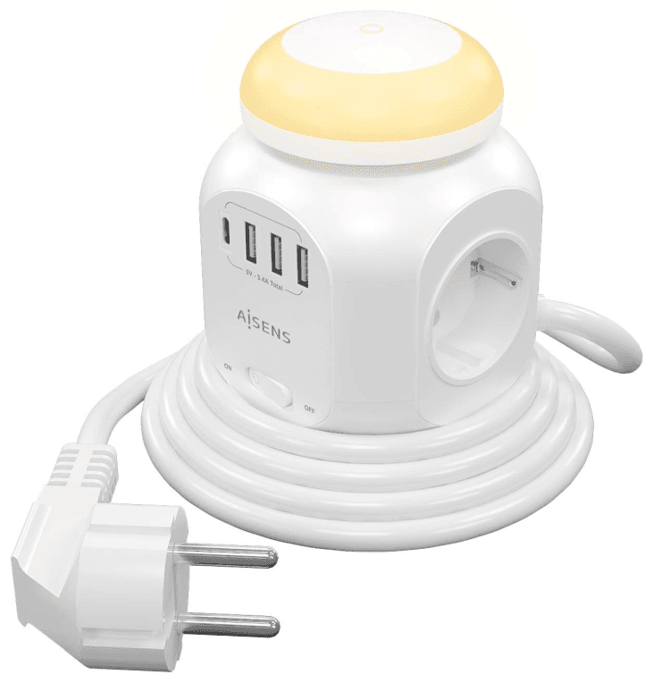 AISENS Regleta de Enchufes Sobremesa Multifuncion con 4 Tomas + 1XUSB-C, 3XUSB-A, Luz Nocturna, 1.8M, Blanco