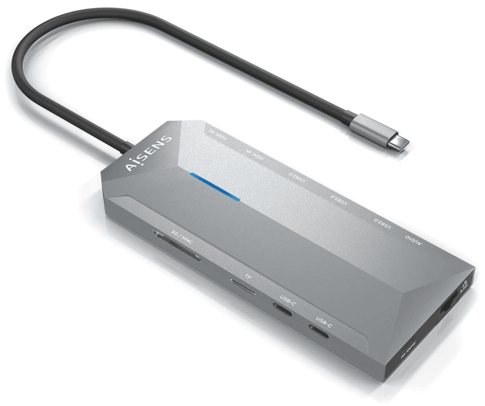 AISENS USB-C Dock 12 En 1, USB-C A 2xHDMI, 1xRJ45, 3xUSB-A, 2xUSB-C, 1xUSB-C PD, 1xAudio, 1xSD, 1xMicro SD, Gris, 30cm