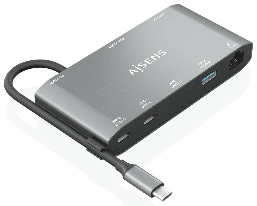AISENS USB-C Dock 8 en 1, USB-C a 1xHDMI, 1xVGA, 1xRJ45, 2xUSB-A, 2xUSB-C 5G, 1xUSB-C PD, Gris, 20 cm