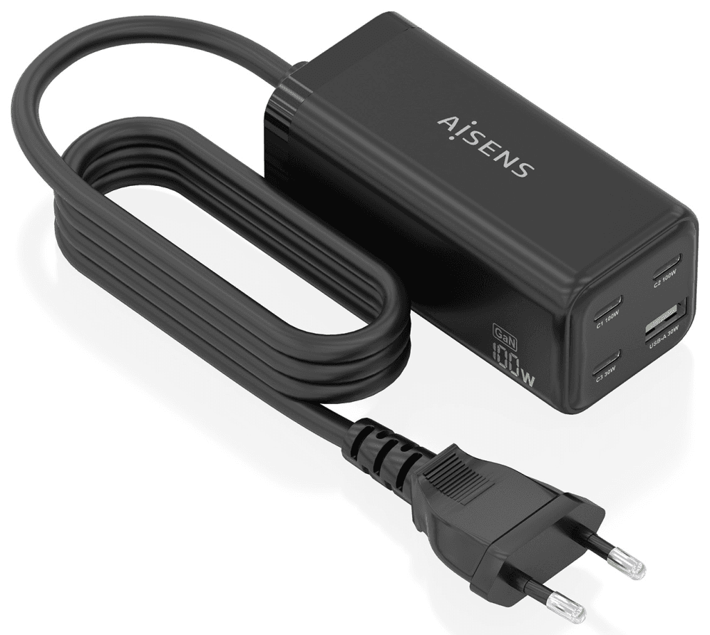AISENS Cargador Sobremesa GaN 100W, 3x USB-C PD3.0 QC4.0 QC5.0, 1x USB-A QC3.0, Negro
