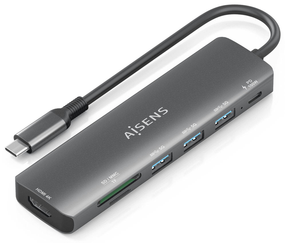 AISENS ASUC-7P025-GR base para portátil y replicador de puertos Alámbrico USB 3.2 Gen 1 (3.1 Gen 1) Type-C