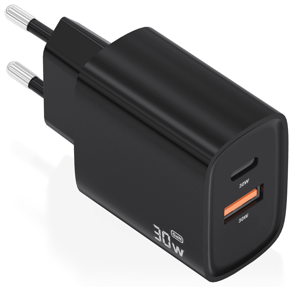 AISENS Cargador GaN 30W, 1xUSB-C PD3.0 QC4.0, 1xUSB-A QC3.0, Negro