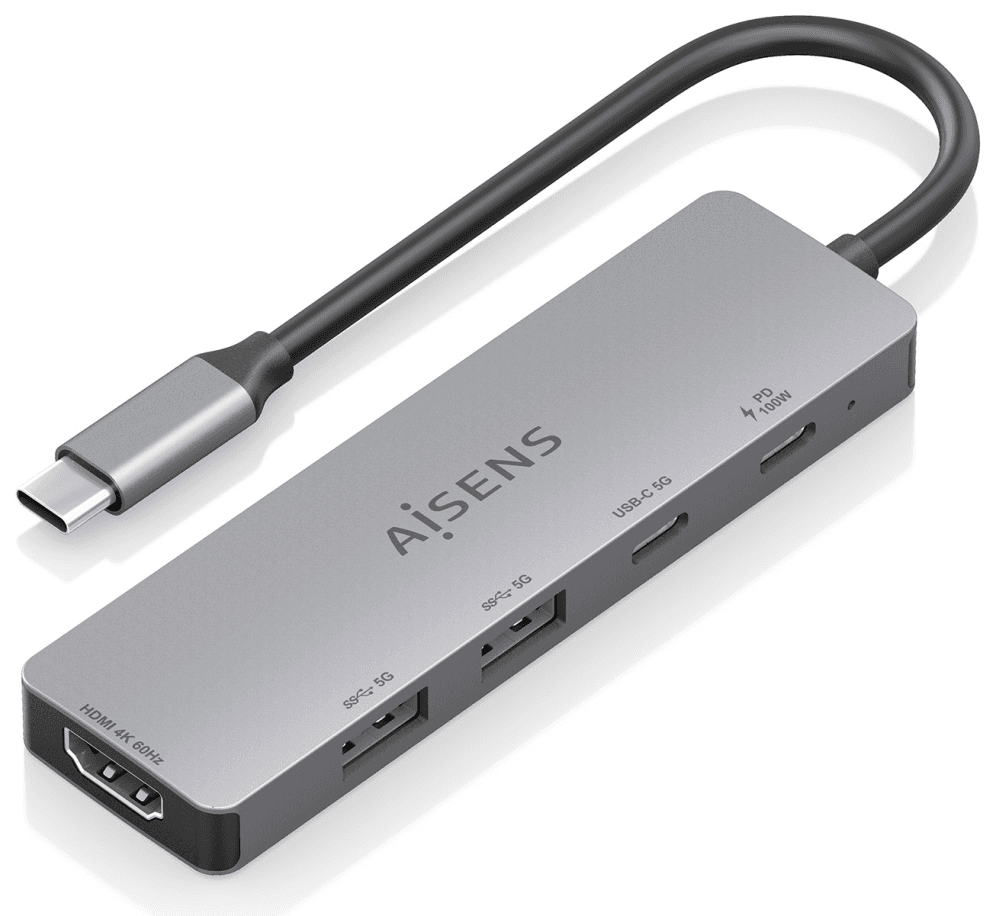 AISENS USB-C Dock 5 en 1, USB-C a 1xHDMI 2xUSB-A 1xUSB-C 1xUSB-C PD, Gris, 15cm