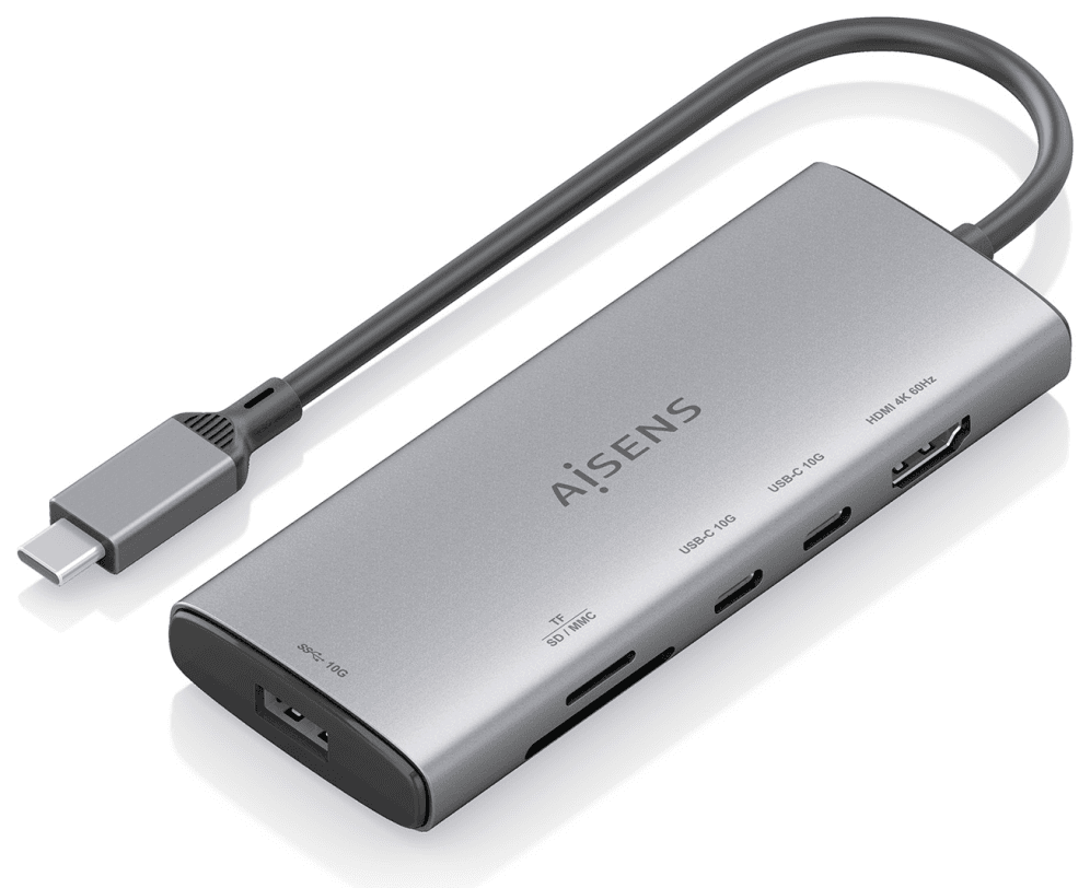 AISENS USB-C Dock 6 en 1, USB-C a 1xHDMI, 1xUSB-A 10G, 2xUSB-C 10G, 1xSD, 1xMicroSD, Gris, 20cm