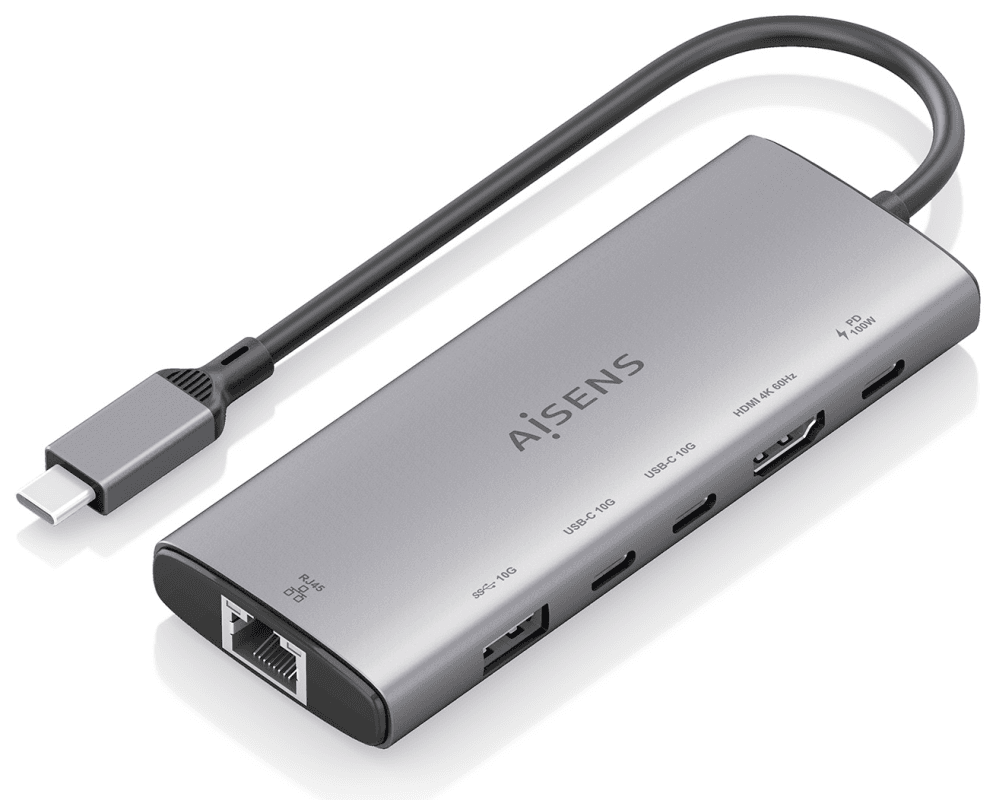 AISENS USB-C Dock 6 en 1, USB-C a 1xHDMI, 1xRJ45, 1xUSB-A 10G, 2xUSB-C 10G, 1xUSB-C PD, Gris, 20cm