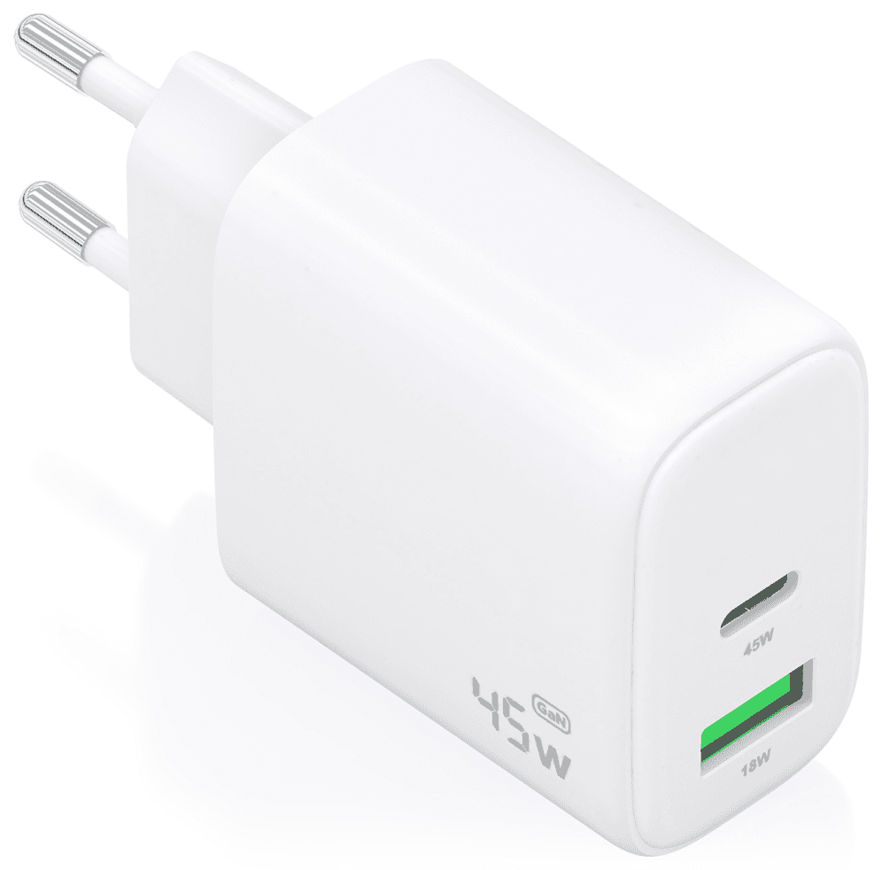 AISENS Cargador GaN 45W, 1xUSB-C PD3.0 QC4.0, 1xUSB-A QC3.0, Blanco