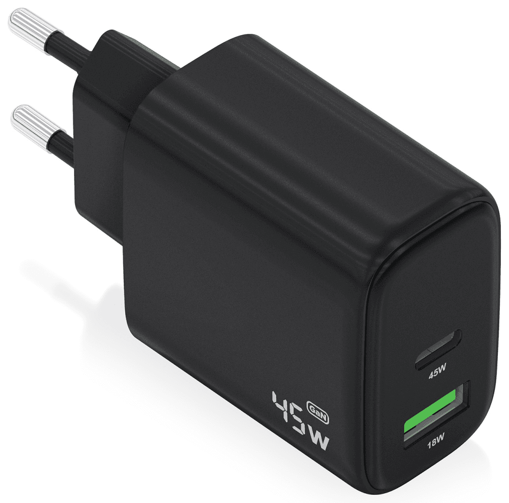 AISENS Cargador GaN 45W, 1xUSB-C PD3.0 QC4.0, 1xUSB-A QC3.0, Negro