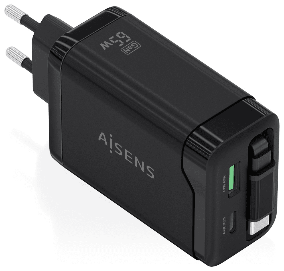 AISENS Cargador GaN 65W, 1xUSB-C Cable Retractil, 1xUSB-C PD3.0, 1xUSB-A QC3.0, Negro