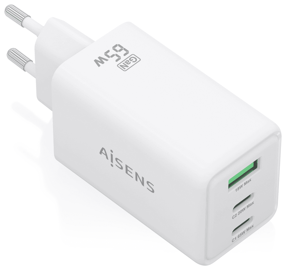 AISENS Cargador GaN 65W, 2xUSB-C PD3.0 QC4.0, 1xUSB-A QC3.0, Blanco