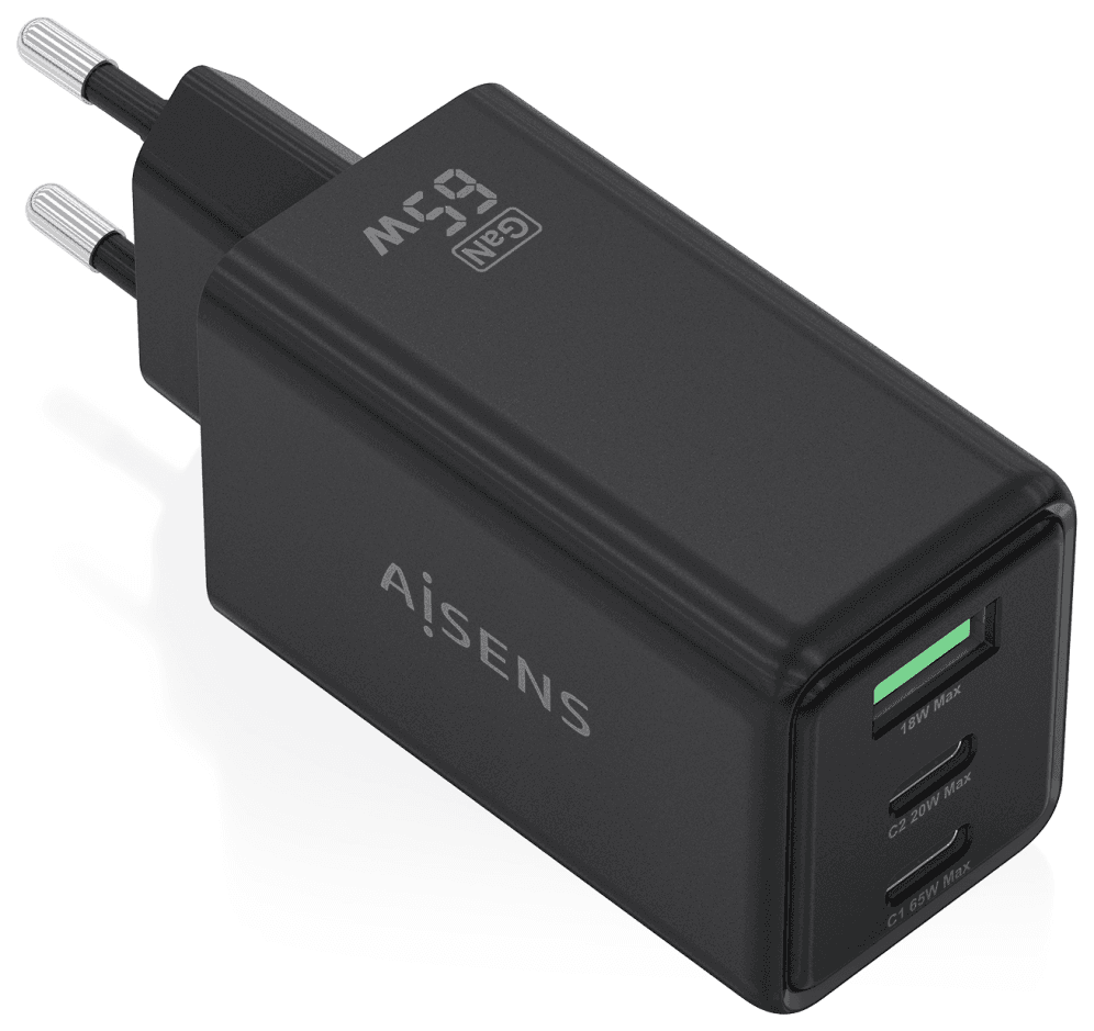 AISENS Cargador GaN 65W, 2xUSB-C PD3.0 QC4.0, 1xUSB-A QC3.0, Negro