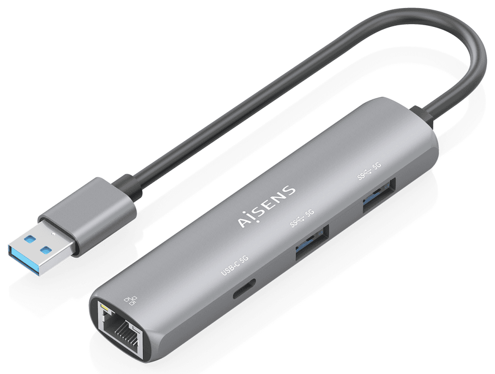 AISENS USB3.0 Dock USB-A A Ethernet Gigabit + Hub 1xUSB-C+2xUSB-A, Gris, 15cm