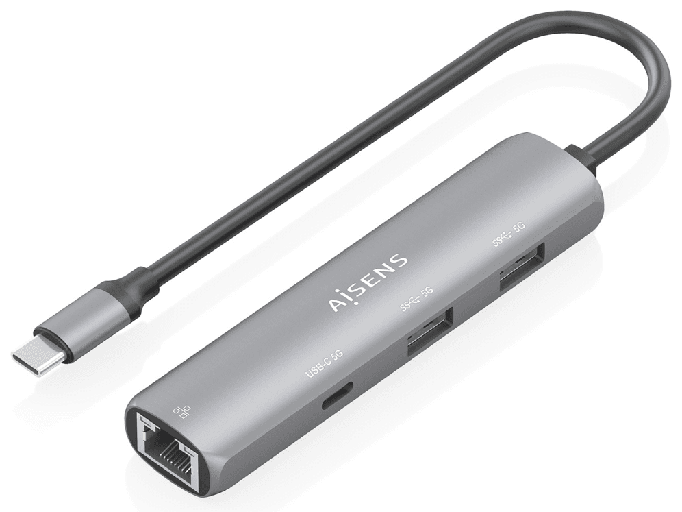 AISENS Dock USB-C A Ethernet Gigabit + Hub 1xUSB-C+2xUSB-A, Gris, 15cm